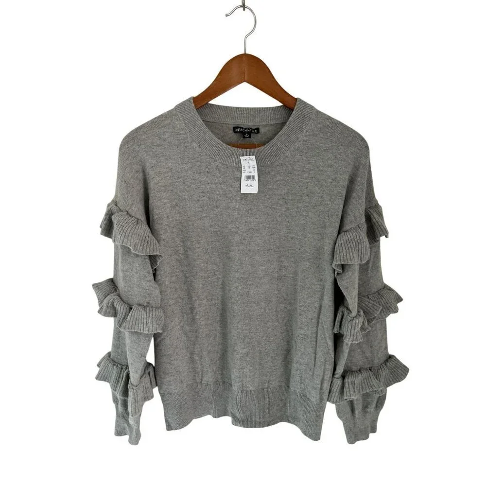 New! J.CREW Crewneck Ruffled Sleeves Gray Size Small